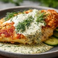 Knuspriges Hähnchen mit Dill-Gurken-Parmesan-Sauce