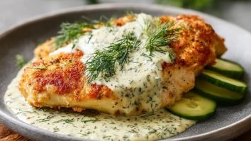 Knuspriges Hähnchen mit Dill-Gurken-Parmesan-Sauce