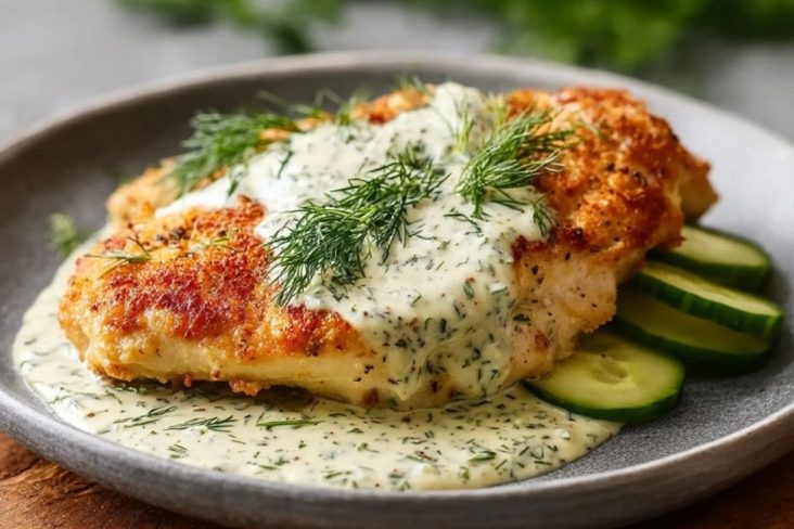 Knuspriges Hähnchen mit Dill-Gurken-Parmesan-Sauce