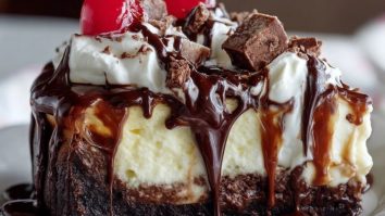 Schokoladen-Brownie-Cheesecake mit heißer Schokoladensauce