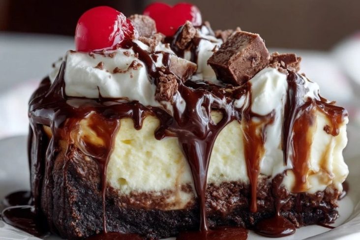 Schokoladen-Brownie-Cheesecake mit heißer Schokoladensauce